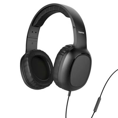 Schwarze Over-Ear-Kopfhörer mit Kabel, gepolsterten Ohrmuscheln und einem „hama"-Logo auf dem Kopfbügel, abgebildet auf weißem Hintergrund.
