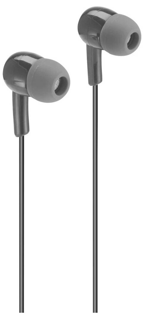 Paar kabelgebundener In-Ear-Kopfhörer, einer grau und einer schwarz, auf weißem Hintergrund gezeigt.