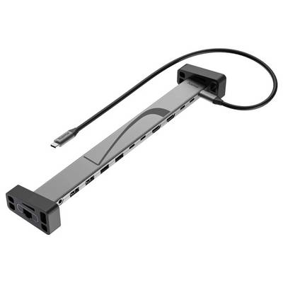 Grauer USB-Multiport-Hub/Docking-Adapter mit integriertem USB-Kabel und mehreren Anschlüssen an der Seite, gezeigt auf weißem Hintergrund.
