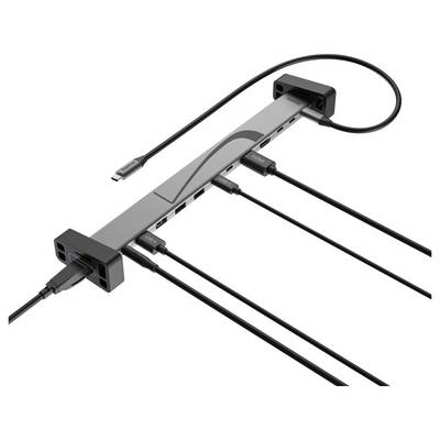 USB-C-Docking-Hub mit mehreren angeschlossenen Kabeln, der einen zentralen Adapter zeigt, der einen Port in mehrere Verbindungen erweitert.