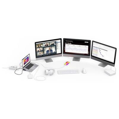 Mehrere Computermonitore zeigen eine Videokonferenz und Analyse-Dashboards an, verbunden mit einem Laptop mit Kopfhörer, Tastatur, Maus und Zubehör auf einem Schreibtisch.