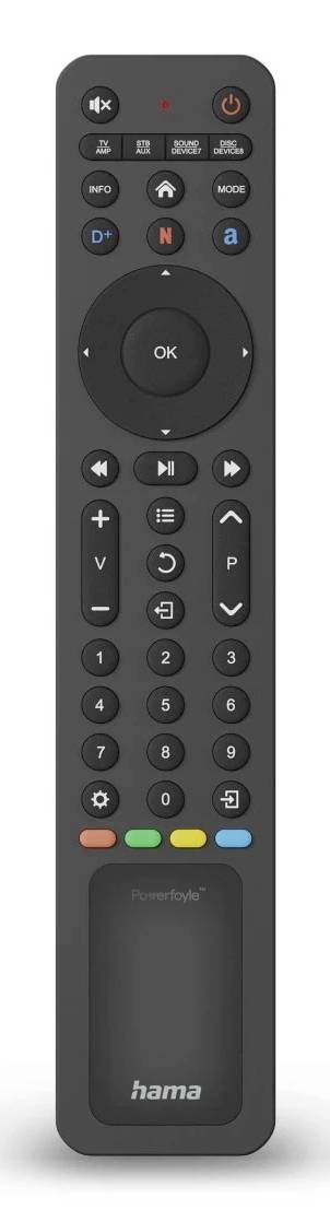 Schwarze Hama TV-Fernbedienung mit vielen Tasten, einschließlich Stromversorgung, Lautstärke, Kanal, Navigationsfeld und App-Shortcuts.