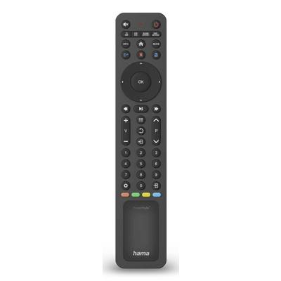 Schwarze Hama TV-Fernbedienung mit vielen Tasten, einschließlich Stromversorgung, Lautstärke, Kanal, Navigationsfeld und App-Shortcuts.