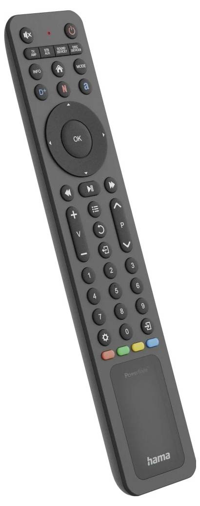 Schwarze Hama TV-Fernbedienung mit Stromversorgung, Navigationsring, Lautstärke-/Kanalsteuerung, Nummernblock und farbigen Funktionstasten.