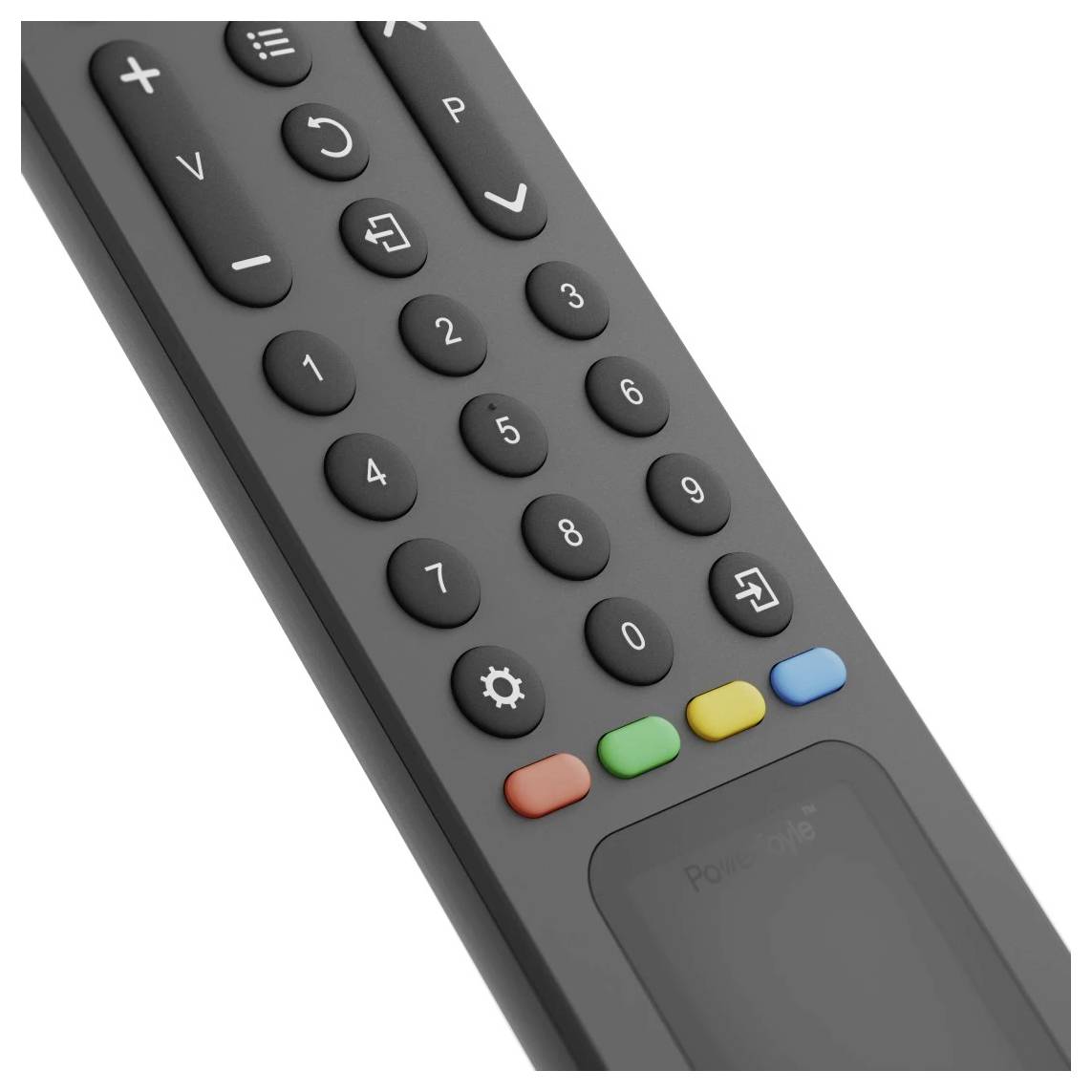 Schwarze Fernbedienung mit Zifferntastatur, Lautstärke- und Kanaltasten, farbigen Schnelltasten und großem Touchpad unten.