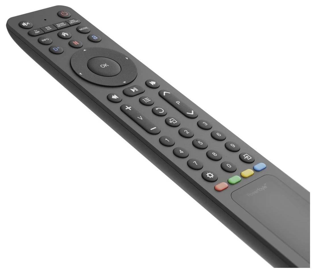 Schwarze Fernbedienung für Fernseher mit rundem OK-Pad, Zifferntasten, Wiedergabetasten und farbigen Schnellzugriffstasten auf weißem Hintergrund.