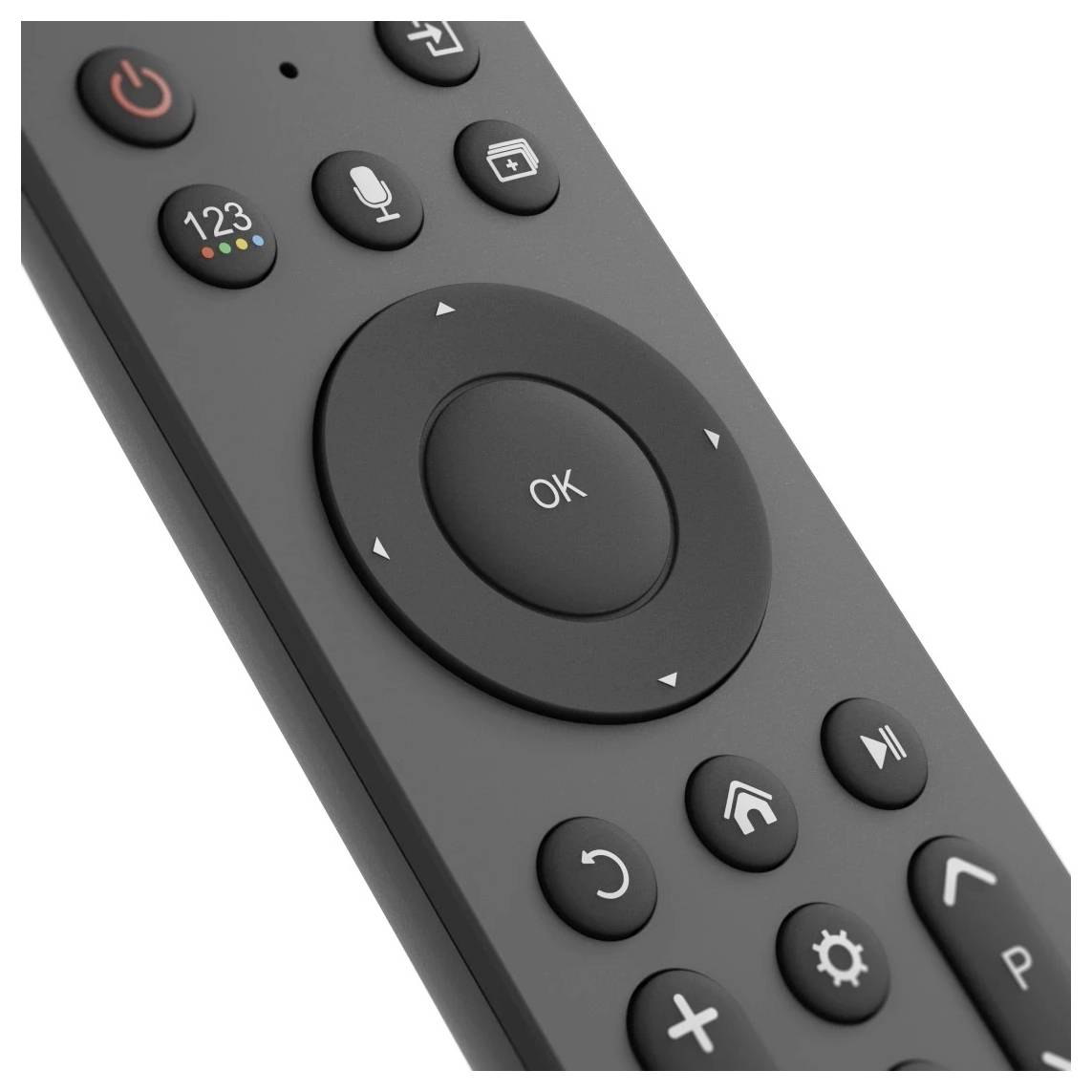 Schwarze Fernbedienung für Fernseher mit Ein-/Ausschalter, Mikrofon-, Home-, Zurück-, Einstellungs-, Lautstärke- und OK-Navigationstasten.