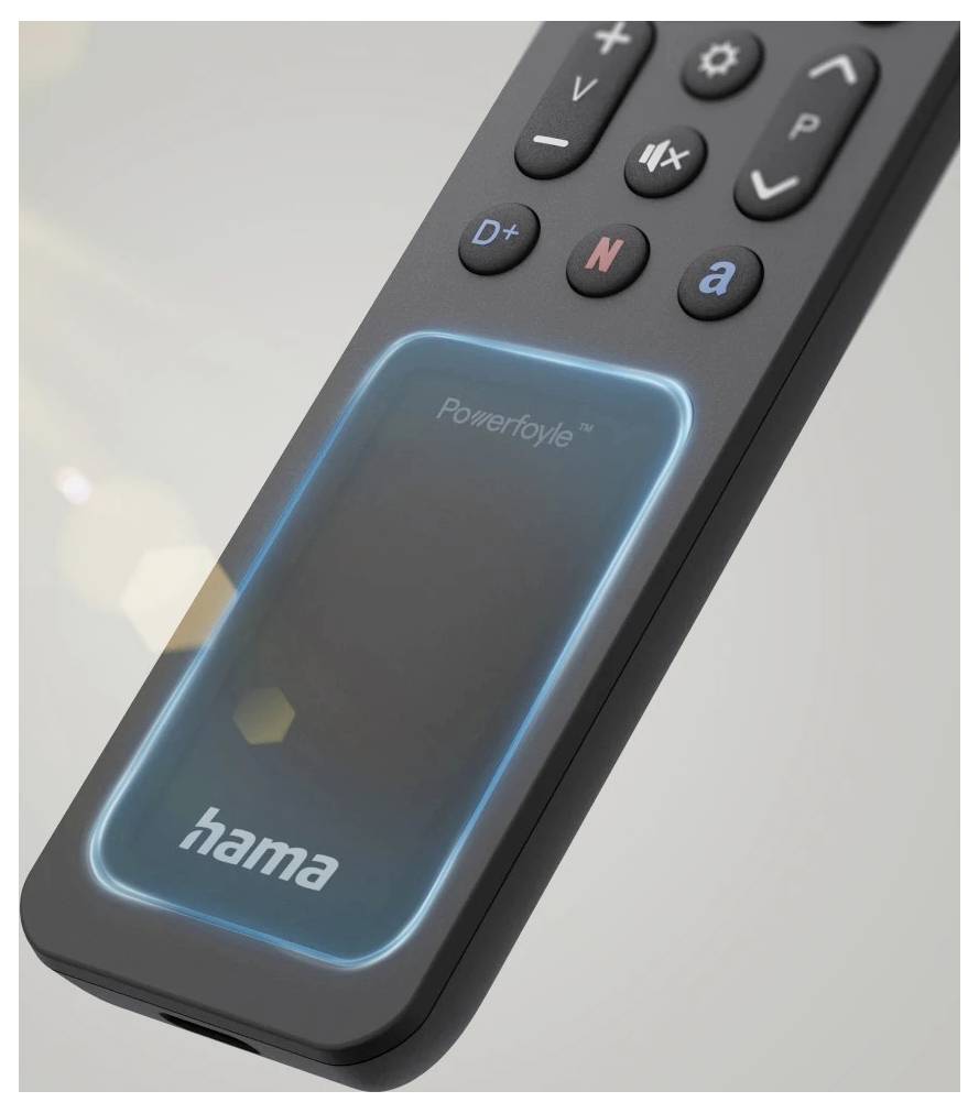Schwarze Hama Poweroy Fernbedienung mit leuchtender blauer Touchpad und Navigationstasten.