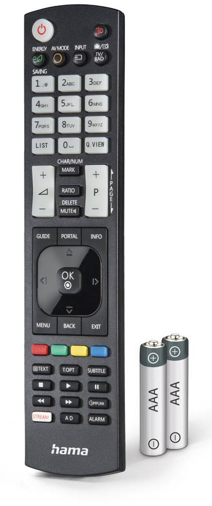 Schwarze Hama TV-Fernbedienung mit Ein-/Ausschalter, Nummernblock, Navigationspad, farbigen Funktionstasten und Kanal-/Lautstärkereglern, abgebildet neben zwei AAA-Batterien.