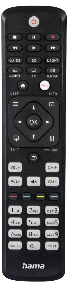 Schwarze Hama TV-Fernbedienung mit Ein-/Ausschalter, Navigationspad, Wiedergabetasten, Programmführer, Quellentaste, Lautstärke-, Kanal- und Zifferntasten.