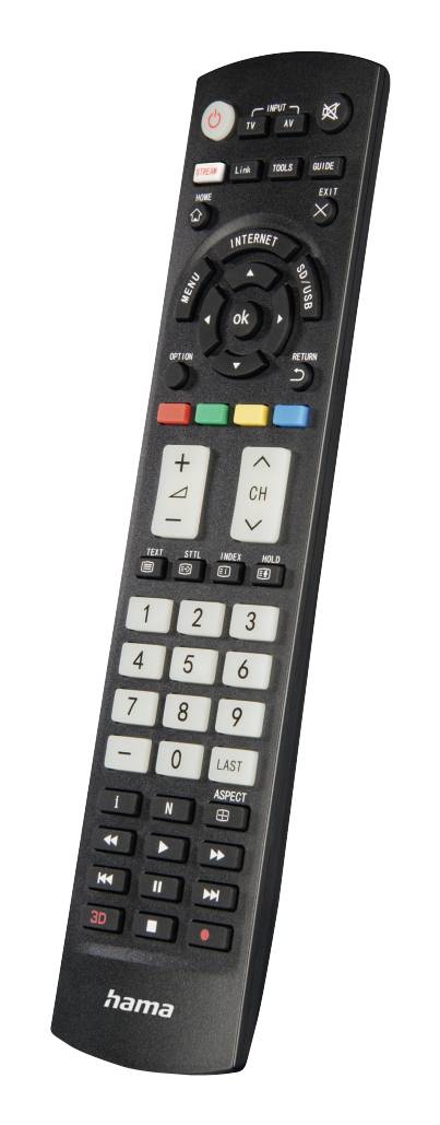 Schwarze Hama TV-Fernbedienung mit Ziffernblock, Kanal- und Lautstärketasten, Menü-Navigationsring und farbigen Funktionstasten.