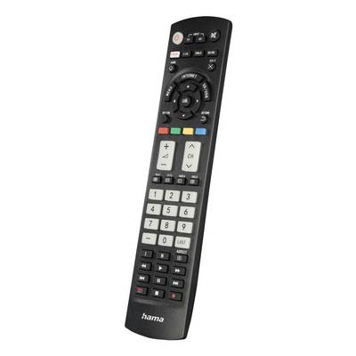 Schwarze Hama TV-Fernbedienung mit Ziffernblock, Kanal- und Lautstärketasten, Menü-Navigationsring und farbigen Funktionstasten.