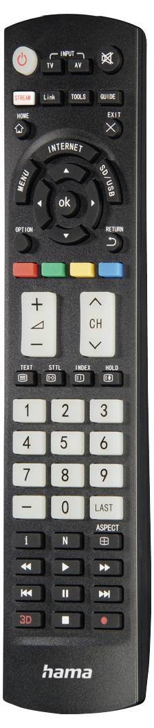 Schwarze Hama TV-Fernbedienung mit Ein-/Ausschalter, Menü, Navigationsring, farbigen Tasten, Ziffernfeld und Lautstärke-/Kanalreglern.