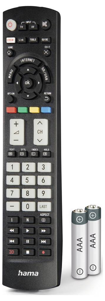 Schwarze Hama TV-Fernbedienung mit Navigationspad, farbigen Funktionstasten, Nummernblock, Wiedergabesteuerungen und zwei daneben abgebildeten AAA-Batterien.