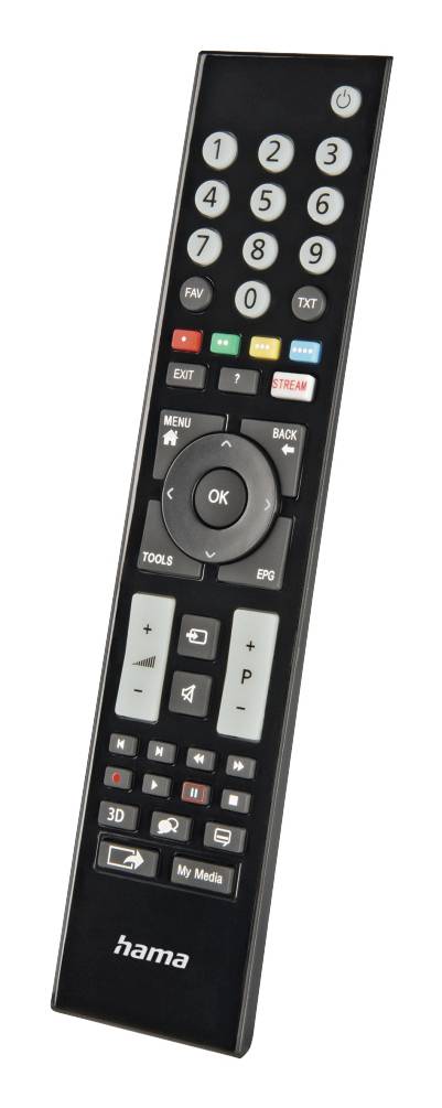 Schwarze Hama TV-Fernbedienung mit Zahlenpad, rundem OK-Navigationspad, Lautstärke-/Sendersuchetasten und beschrifteten Funktionstasten.