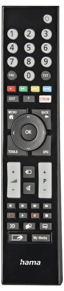 Schwarze Hama TV-Fernbedienung mit Nummernpad, Navigationsring, OK-Taste, Menü- und Medienbedienungstasten.