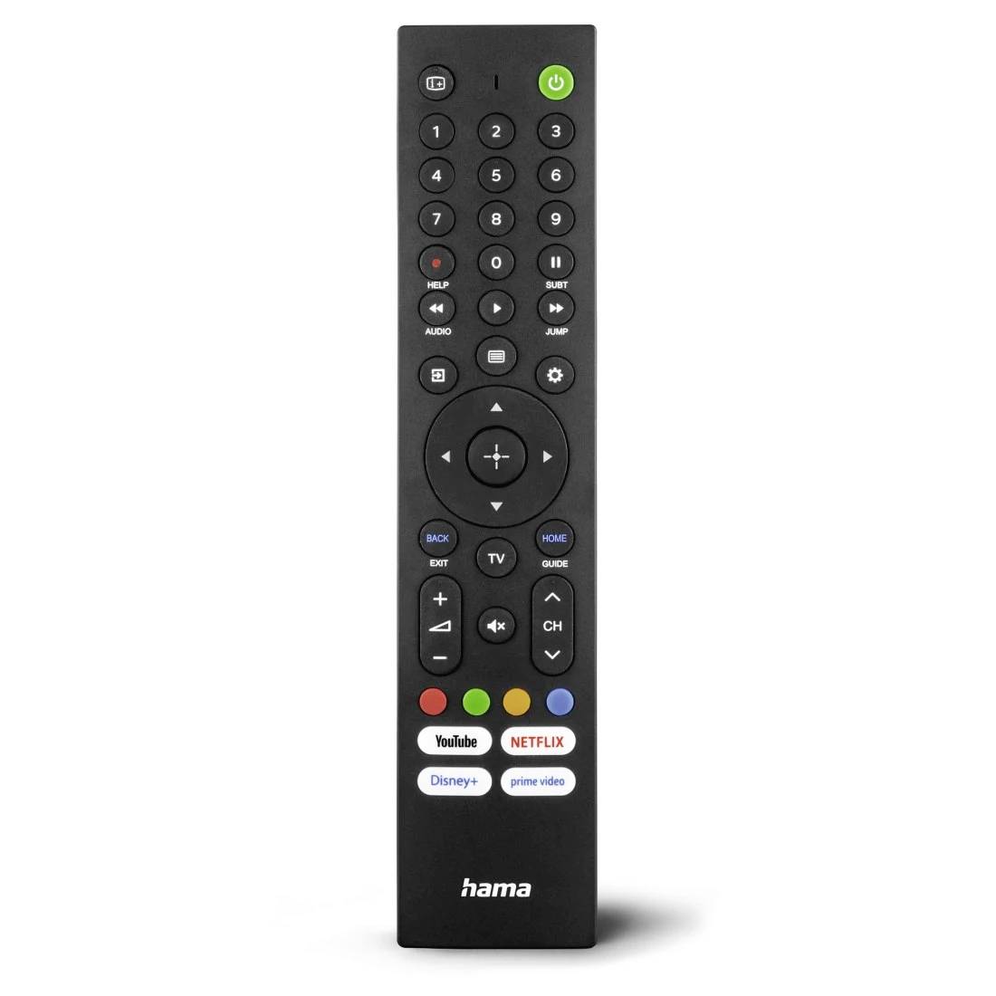 Schwarze Hama-TV-Fernbedienung mit Nummernblock, Navigationstasten, Lautstärke-/Kanalreglern und Streaming-Shortcuts für YouTube, Netflix, Disney+ und Prime Video.