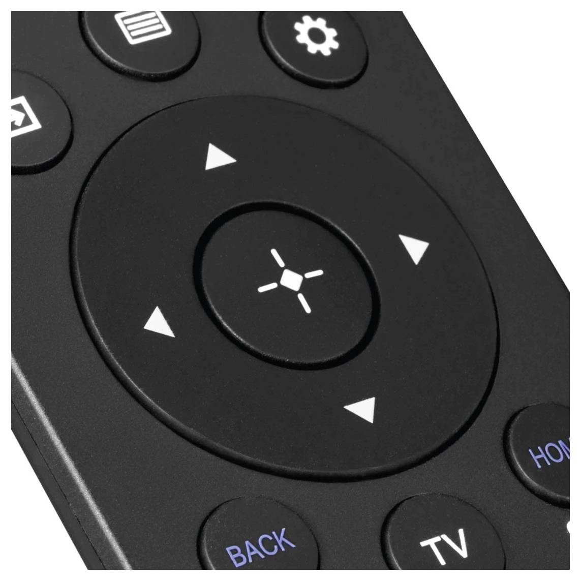 Nahaufnahme einer schwarzen Fernbedienung mit einem kreisförmigen Steuerkreuz mit mittlerer Wahltaste und Tasten für Home, Zurück und TV.