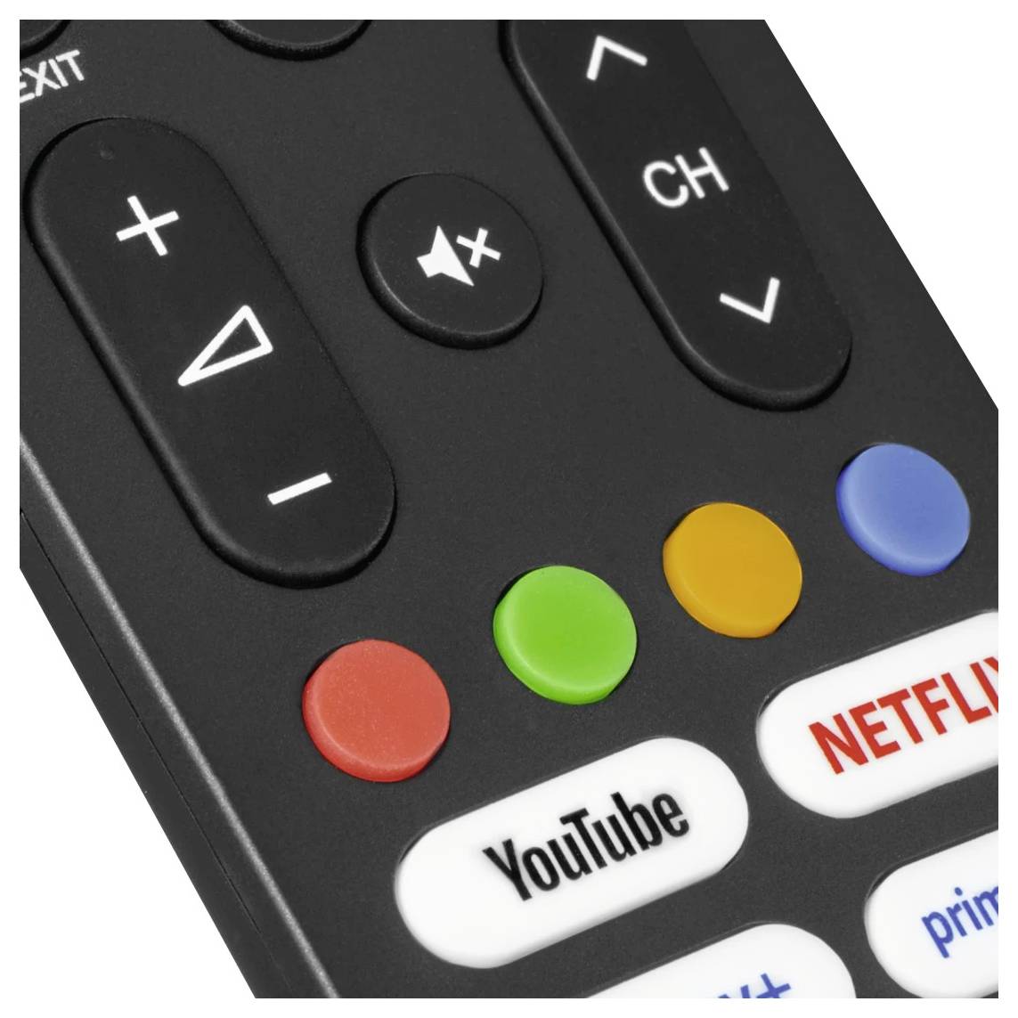 Nahaufnahme einer Fernbedienung mit Lautstärke- und Sendertasten sowie farbigen Schnellwahltasten mit den Bezeichnungen YouTube, Netflix und Prime Video.