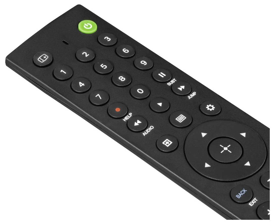 Schwarze Fernbedienung für Fernseher mit Stromversorgung, Nummerntasten, Navigationspad und beschrifteten Tasten wie „HILFE", „AUDIO", „EINGANG" und „ZURÜCK".