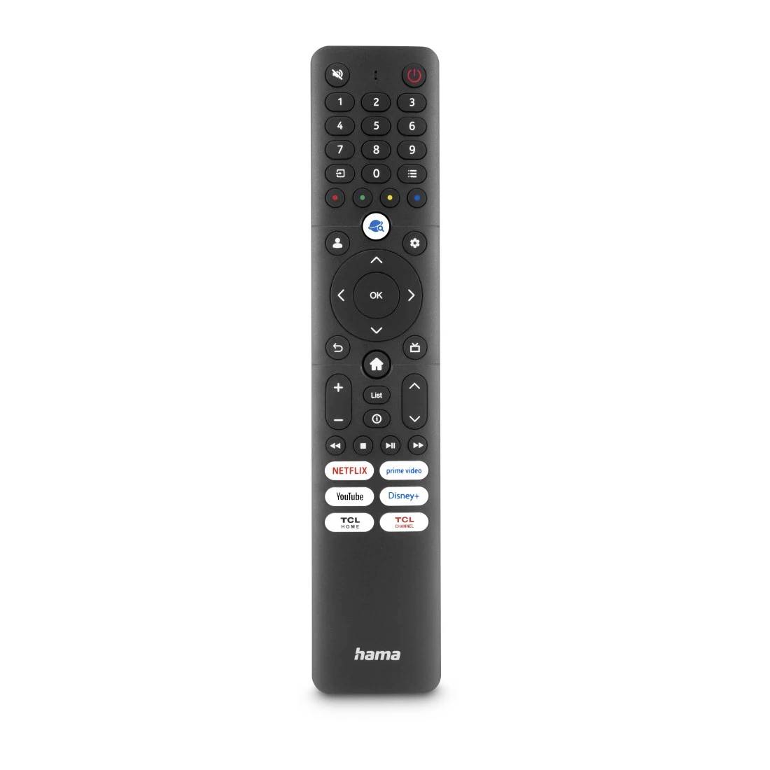 Schwarze Hama TV-Fernbedienung mit Zahlentastatur, Richtungstasten, Home-Taste, Lautstärke-, Wiedergabe- und Streaming-App-Tasten.