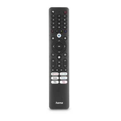 Schwarze Hama TV-Fernbedienung mit Zahlentastatur, Richtungstasten, Home-Taste, Lautstärke-, Wiedergabe- und Streaming-App-Tasten.