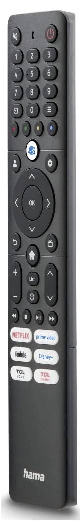 Schwarze Hama TV-Fernbedienung mit Nummernfeld, Richtungstasten, Wiedergabetasten und Streaming-App-Verknüpfungen wie Netflix, Prime Video, YouTube, Disney+, TCL und TCL+.