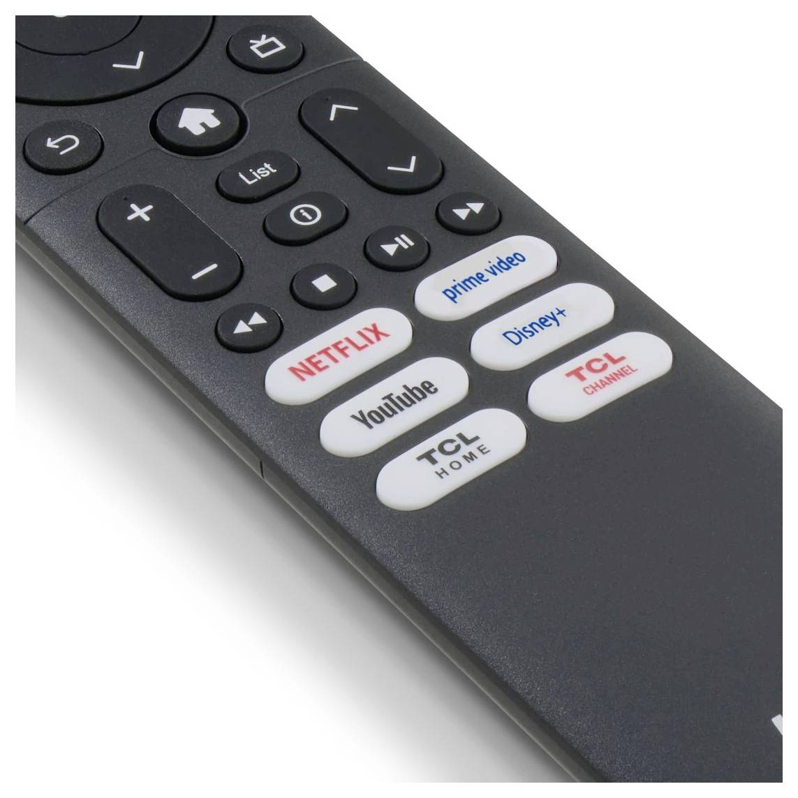 Schwarze Streaming-TV-Fernbedienung mit App-Tasten für Netflix, Prime Video, Disney+, YouTube und TCL