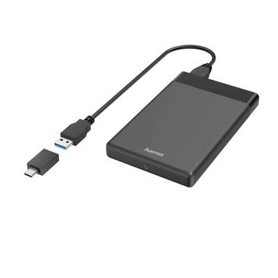 USB-C-auf-USB-A-Kabel angeschlossen an ein graues externes Festplattengehäuse mit der Bezeichnung „hama".