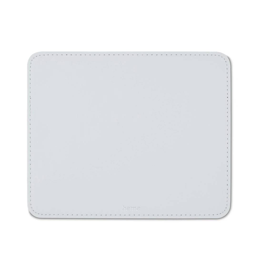 Hellgrau rechteckiges Mousepad mit abgerundeten Ecken und gesticktem Rand auf weißem Hintergrund.