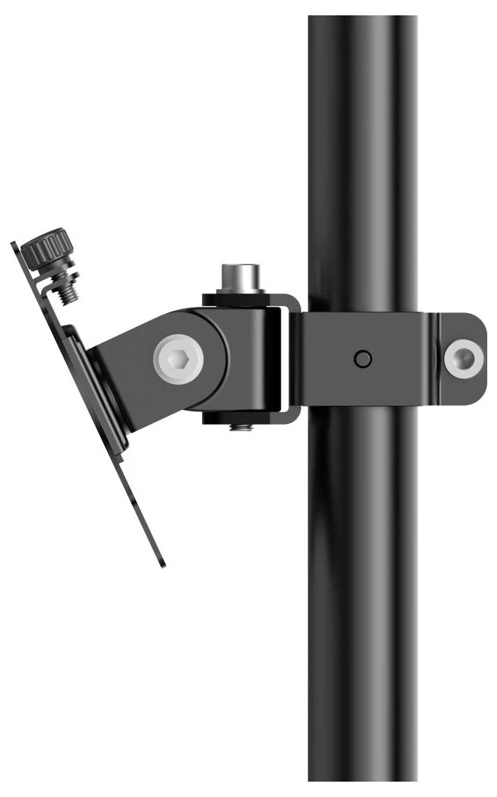 Verstellbare Montageklammer, die an einem vertikalen Pfosten befestigt ist, hält einen geneigten Arm mit einem kleinen Sensor oder einer Leuchte.