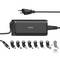 Hama Laptop-Stromadapter mit Stecker, gezeigt mit mehreren austauschbaren Steckertipps und dem Symbol "KOSTENLOSER ADAPTER-SERVICE".