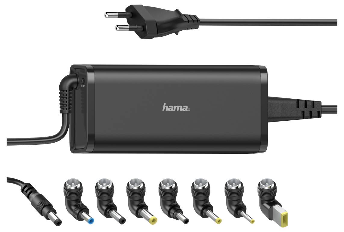Schwarzer Hama Netzteilstecker mit EU-Stecker und mehreren austauschbaren Steckeraufsätzen wie unten dargestellt