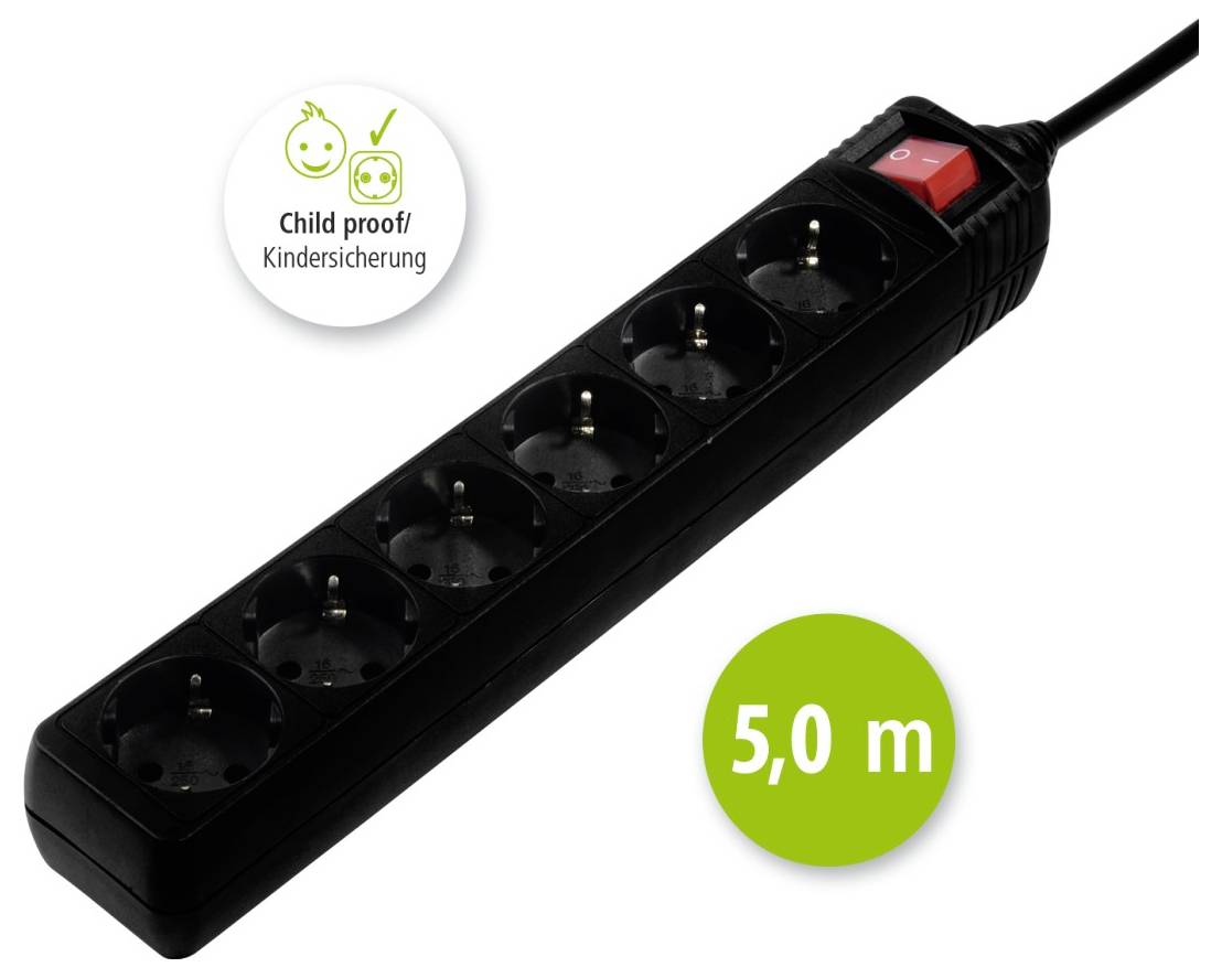 Schwarze Steckerleiste mit sechs Steckdosen, Schalter, 5,0 m Kabel und Kindersicherungsetikett.