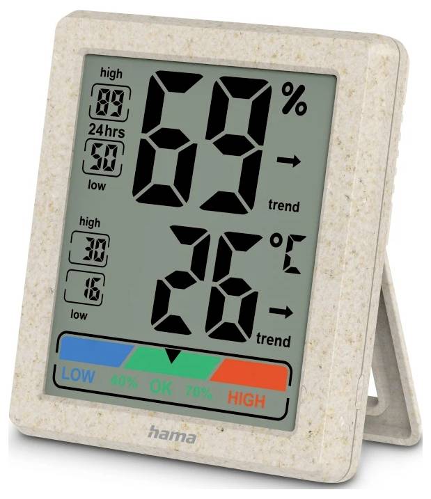 Digitales Hygrometer zeigt 69% Luftfeuchte und 26°C Temperatur an, mit einer Komfortskala von niedrig bis hoch und Trendpfeilen.