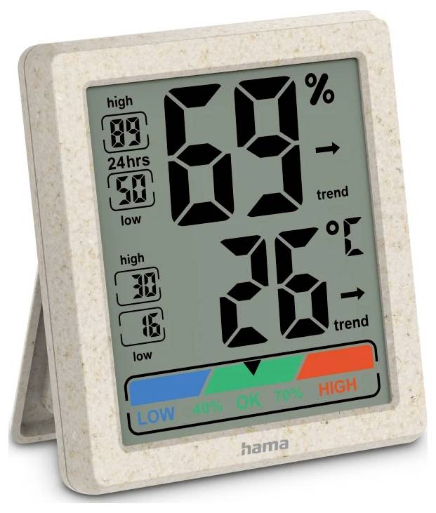 Digitales Raumthermometer-Hygrometer zeigt 69% Luftfeuchtigkeit und 26°C an, mit Höchst-/Tiefstwerten, Trendpfeilen und Komfortskala von niedrig bis hoch.