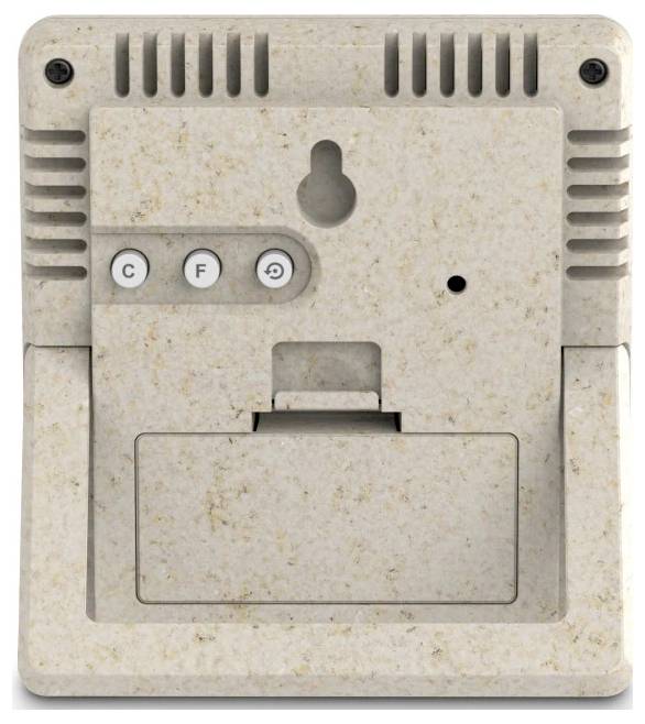 Rückansicht eines kleinen wandmontierten Geräts mit Schlüssellochschlitz, Rücksetztaste, Anzeigelampe und Batterieabteildeckel.