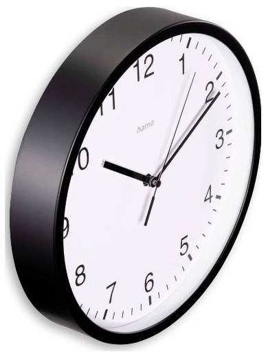 Runde Wanduhr mit schwarzem Rahmen und weißem Zifferblatt, die etwa 10:10 Uhr anzeigt.