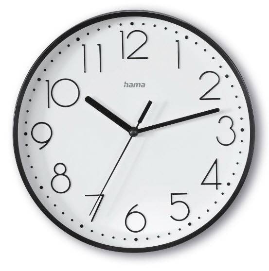 Analoge Wanduhr mit schwarzen Ziffern und Zeigern, zeigt etwa 10:12 Uhr.