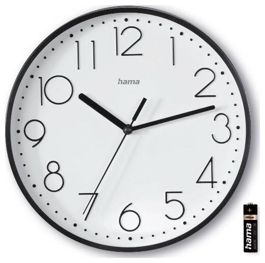 Weiße analoge Wanduhr mit schwarzen Zahlen und Zeigern, die etwa 10:11 Uhr anzeigt; eine Batterie ist in der unteren rechten Ecke abgebildet.