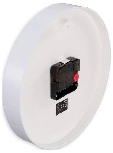 Runde weiße Wanduhr mit sichtbarem schwarzem Batteriefach auf der Rückseite.