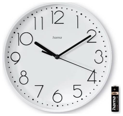 Weiße analoge Wanduhr mit schwarzen Ziffern und Zeigern, die etwa 10:10 anzeigt, mit einer daneben abgebildeten Batterie.