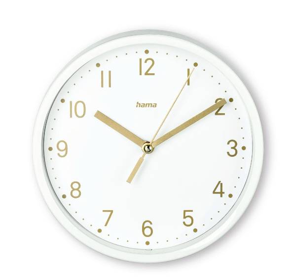 Weiße analoge Wanduhr mit goldenen Zahlen und Zeigern, die etwa 10:10 anzeigt, mit einem Sekundenzeiger in der Nähe von 1.