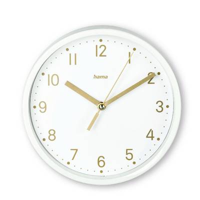 Weiße analoge Wanduhr mit goldenen Zahlen und Zeigern, die etwa 10:10 anzeigt, mit einem Sekundenzeiger in der Nähe von 1.