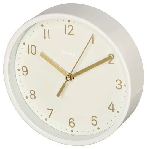 Runduhr an der Wand zeigt etwa 10:20 an, mit integriertem Thermometer und Hygrometer sowie einer Batterie unten rechts abgebildet.