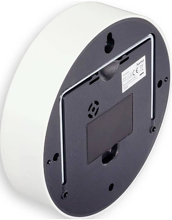 Rückseite einer runden Wanduhr mit sichtbarem Batteriefach, Aufhängeschlitz und Befestigungshardware.