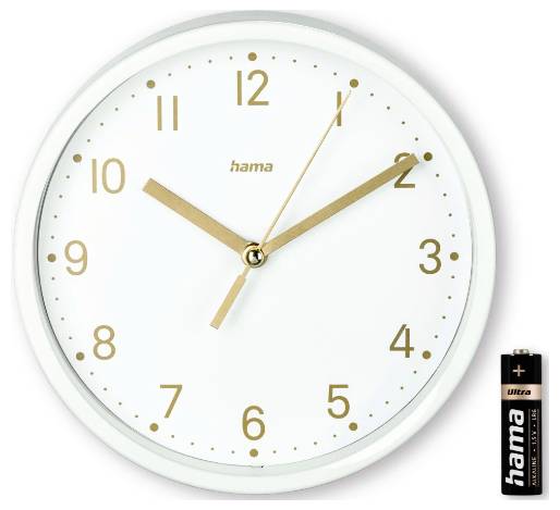 Weiße analoge Wanduhr mit goldenen Ziffern und Zeigern, die etwa 10:10 anzeigen, mit einer AA-Batterie daneben abgebildet.