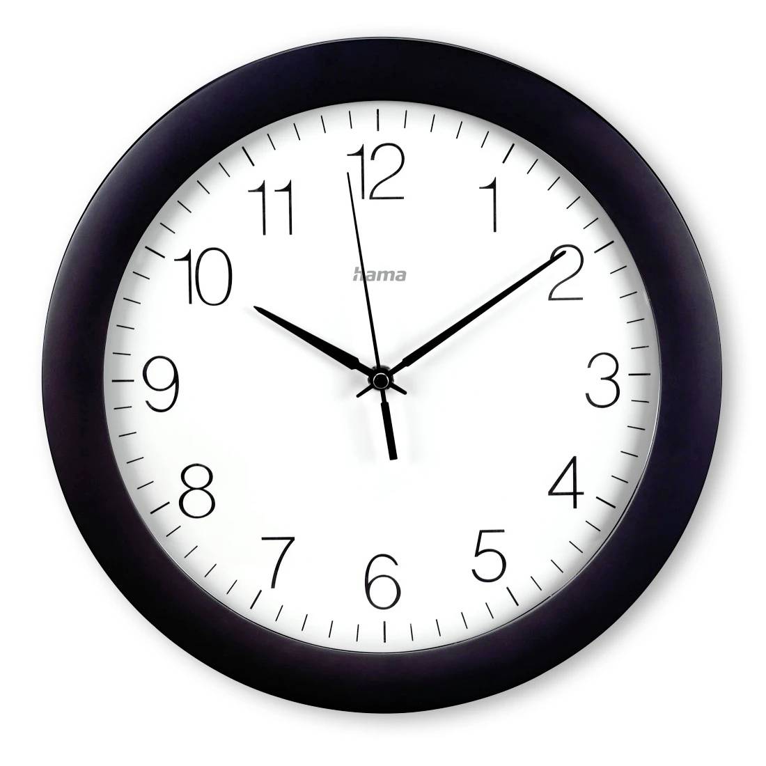 Analoguhr mit schwarzem Rand und weißem Zifferblatt, zeigt etwa 10:10 mit einem dünnen Sekundenzeiger in der Nähe von 12.