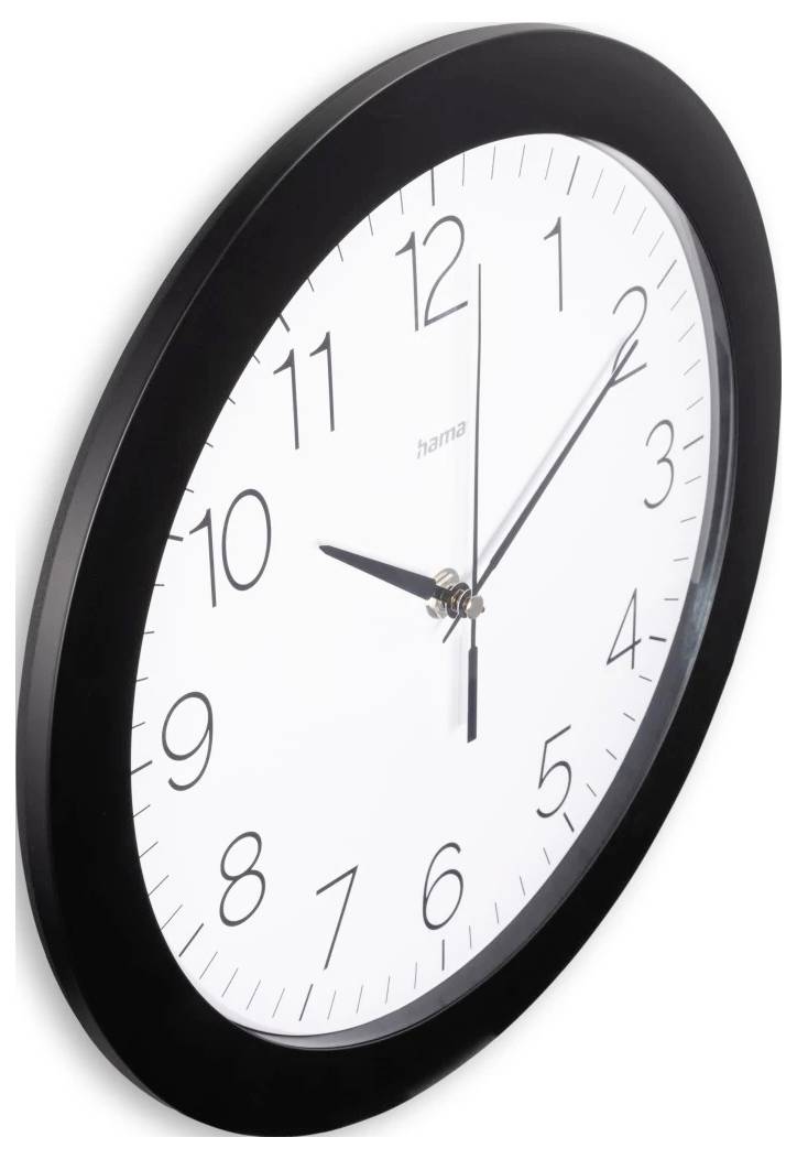 Runde weiße Wanduhr mit schwarzem Rahmen, zeigt etwa 10:10 Uhr, isoliert auf hellem Hintergrund.