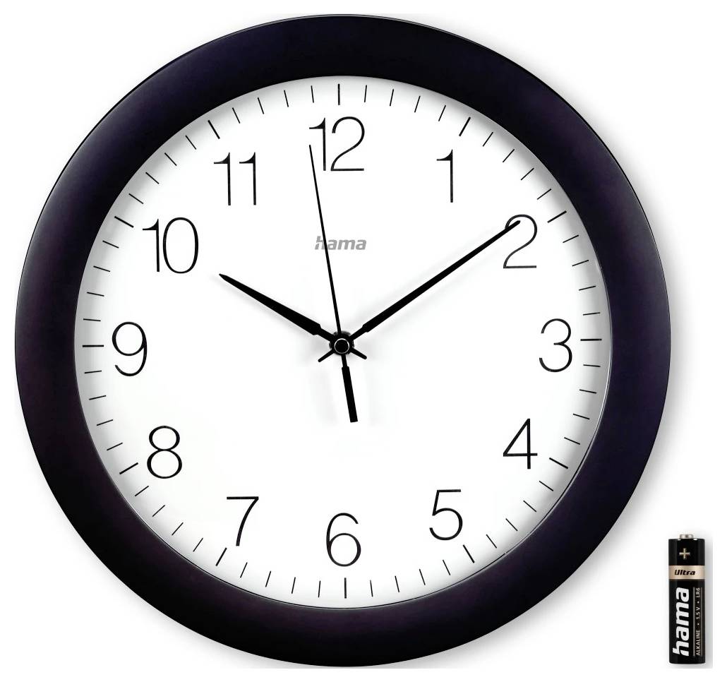 Runde Analogwanduhr mit schwarzem Rahmen und weißem Zifferblatt, die etwa 10:08 Uhr anzeigt, mit einer daneben abgebildeten Batterie.